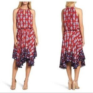 Maggy London * Size M * Red and blue dress with pompoms
